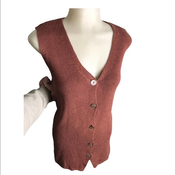 Adrienne Vittadini | Knit Linen Sleeveless Burgundy Button Down Tunic top - Picture 5 of 10